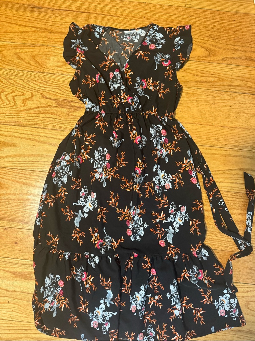 Black Floral Ruffle Dress with Tie Waist